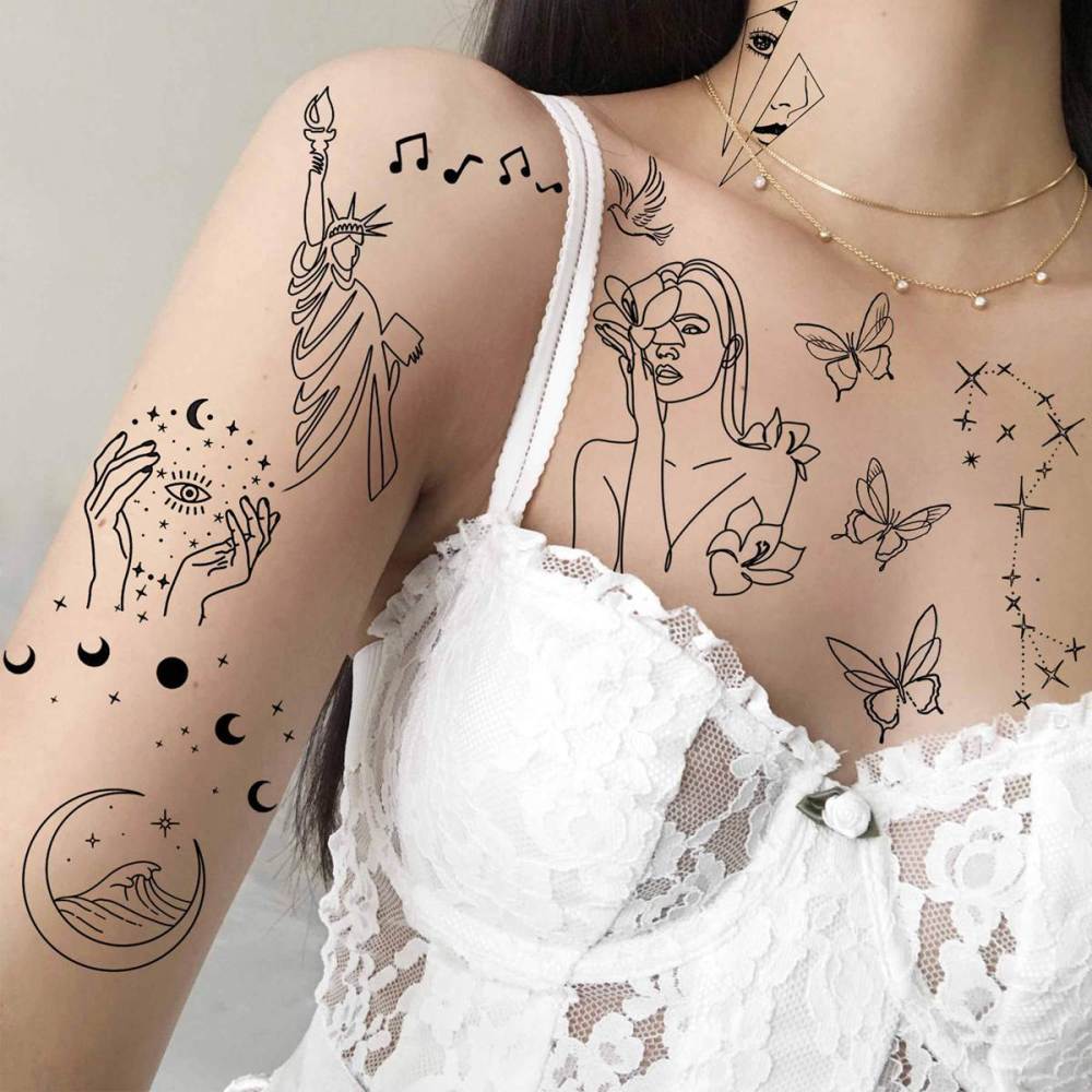 15 Sheets Abstract Minimalism Temporary Tattoos For Women Men Adults Kids Hands Finger Foot Neck Clavicle Shank Arm Body Art Makeup, Semi Permanent Temp Fake Tattoo Stickers Waterproof Long Lasting Realistic Tatoos For Festival Party Accessory