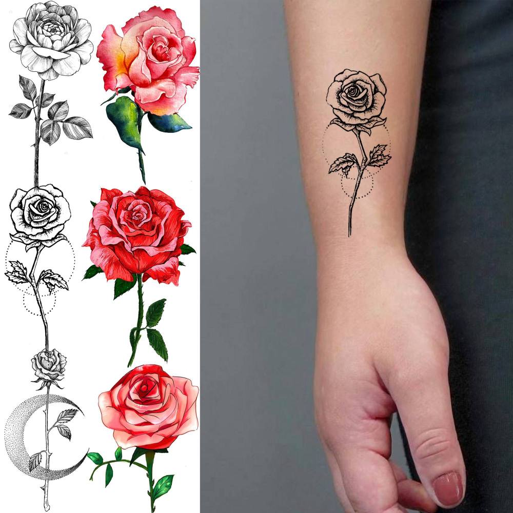 24 Sheets Small Rose Temporary Tattoos For Women Men Adults Kids Hands Finger Foot Neck Clavicle Shank Arm Body Art Makeup, Semi Permanent Temp Fake Tattoo Stickers Waterproof Long Lasting Realistic Tatoos For Festival Party Accessory