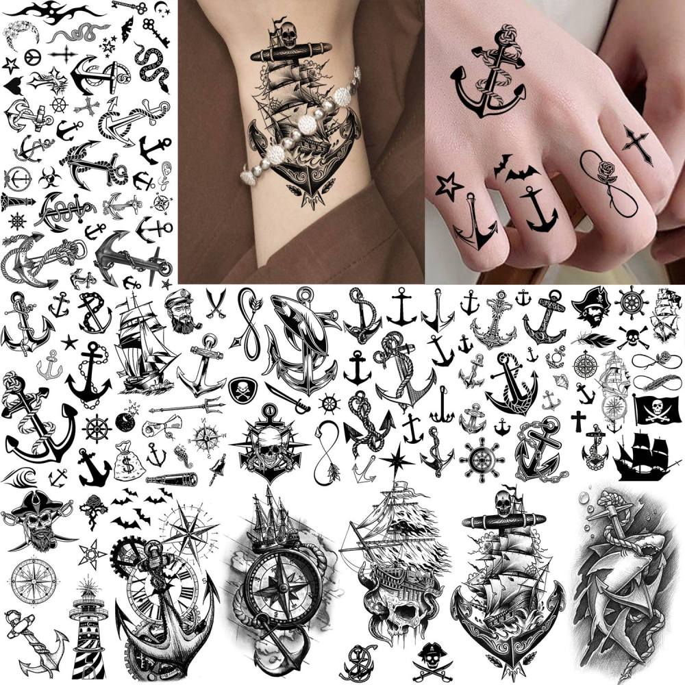 15 Sheets Pirate Anchor Temporary Tattoos For Women Men Adults Kids Hands Finger Foot Neck Clavicle Shank Arm Body Art Makeup, Semi Permanent Temp Fake Tattoo Stickers Waterproof Long Lasting Realistic Tatoos For Festival Party Accessory