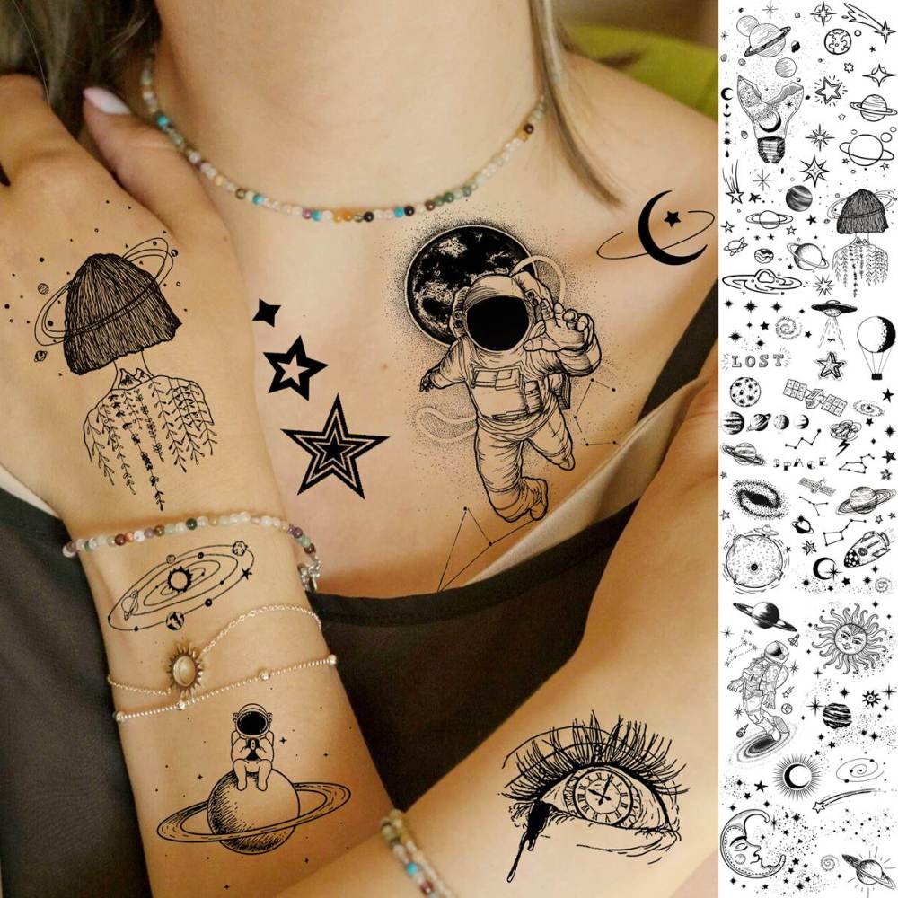 15 Sheets Space Astronaut Temporary Tattoos For Kids Women Men Adults Hands Finger Foot Neck Clavicle Shank Arm Body Art Makeup, Semi Permanent Temp Fake Tattoo Stickers Waterproof Long Lasting Realistic Tatoos For Festival Party Accessory