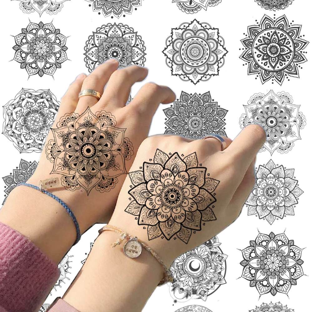 8 Sheets Henna Mandala Temporary Tattoos For Women Men Adults Hands Finger Foot Neck Clavicle Legs Thigh Forearm Shank Arm Body Art Makeup, Semi Permanent Temp Fake Tattoo Stickers Waterproof Long Lasting Realistic Tatoos For Festival Party Accessory