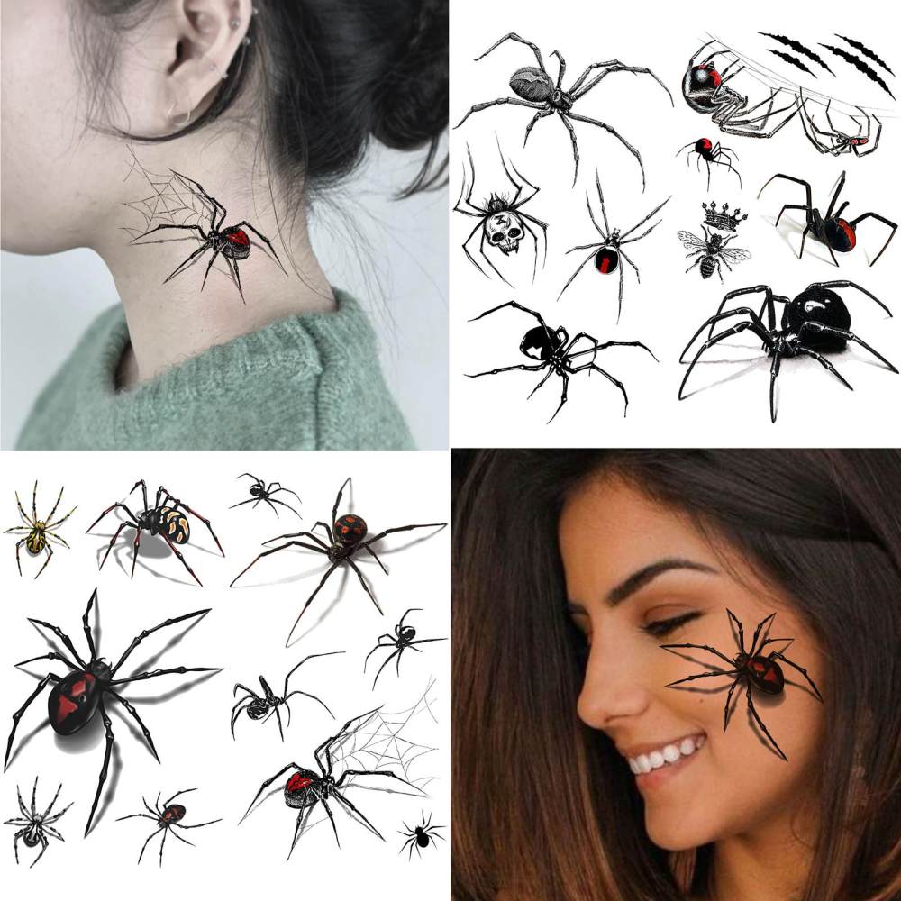 15 Sheets Spider Temporary Tattoos For Women Men Adults Hands Finger Foot Neck Clavicle Legs Thigh Forearm Shank Arm Body Art Makeup, Semi Permanent Temp Fake Tattoo Stickers Waterproof Long Lasting Realistic Tatoos For Festival Party Accessory
