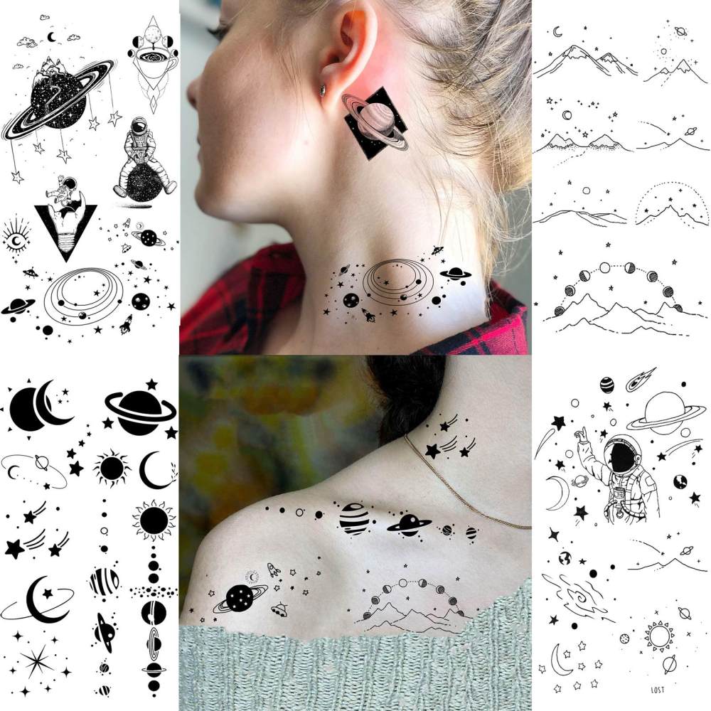 15 Sheets Outer Space Moon Temporary Tattoos For Women Men Adults Hands Finger Foot Neck Clavicle Legs Thigh Forearm Shank Arm Body Art Makeup, Semi Permanent Temp Fake Tattoo Stickers Waterproof Long Lasting Realistic Tatoos For Festival Party Accessory