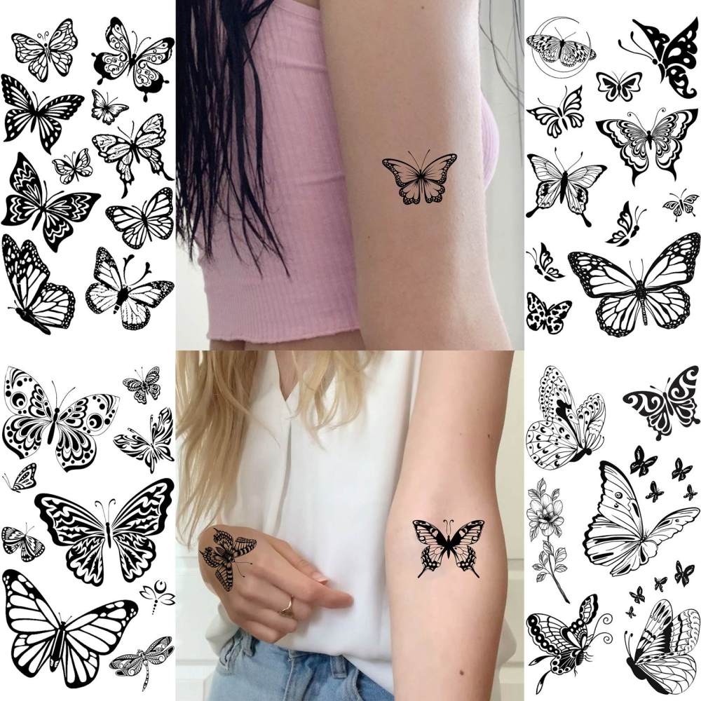 15 Sheets Butterfly Temporary Tattoos For Women Men Adults Hands Finger Foot Neck Clavicle Legs Thigh Forearm Shank Arm Body Art Makeup, Semi Permanent Temp Fake Tattoo Stickers Waterproof Long Lasting Realistic Tatoos For Festival Party Accessory