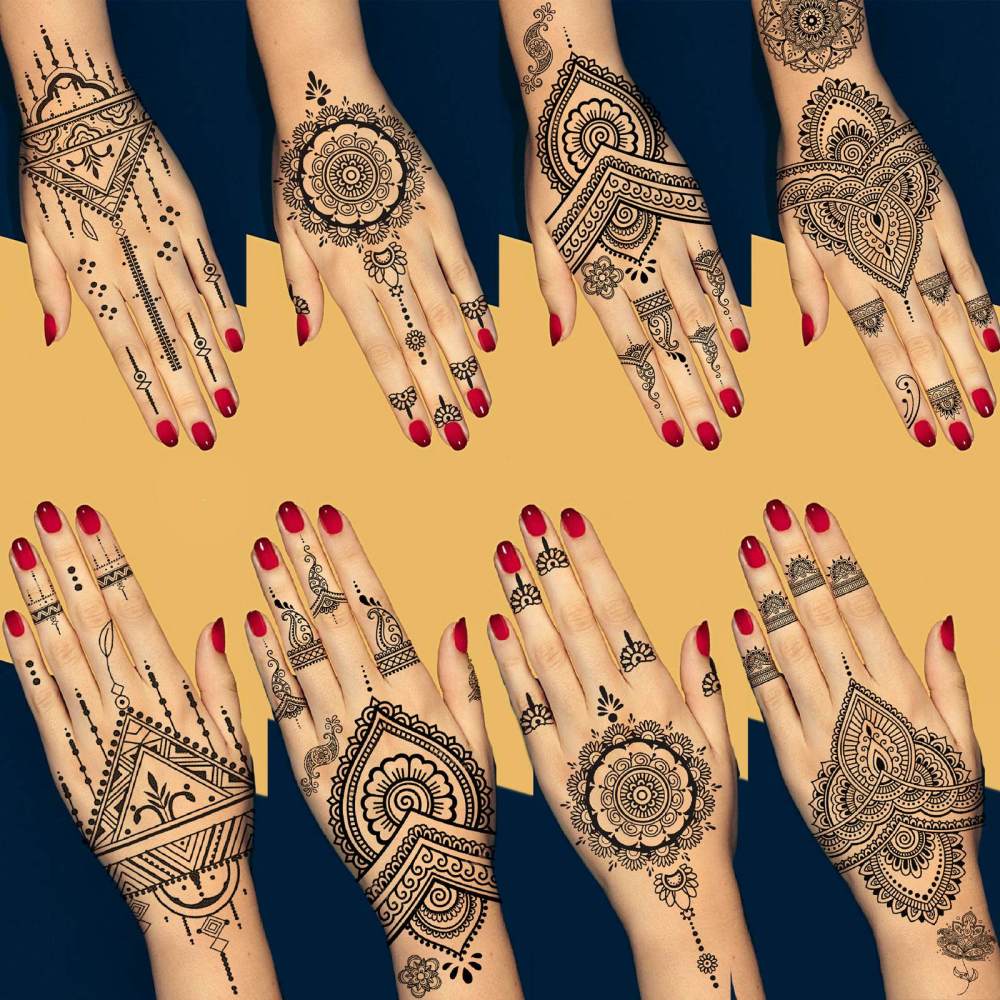 4 Sheets Henna Temporary Tattoos For Women Men Adults Hands Finger Foot Neck Clavicle Legs Forearm Shank Arm Body Art Makeup, Semi Permanent Temp Fake Tattoo Stickers Waterproof Long Lasting Realistic Tatoos For Festival Party Accessory