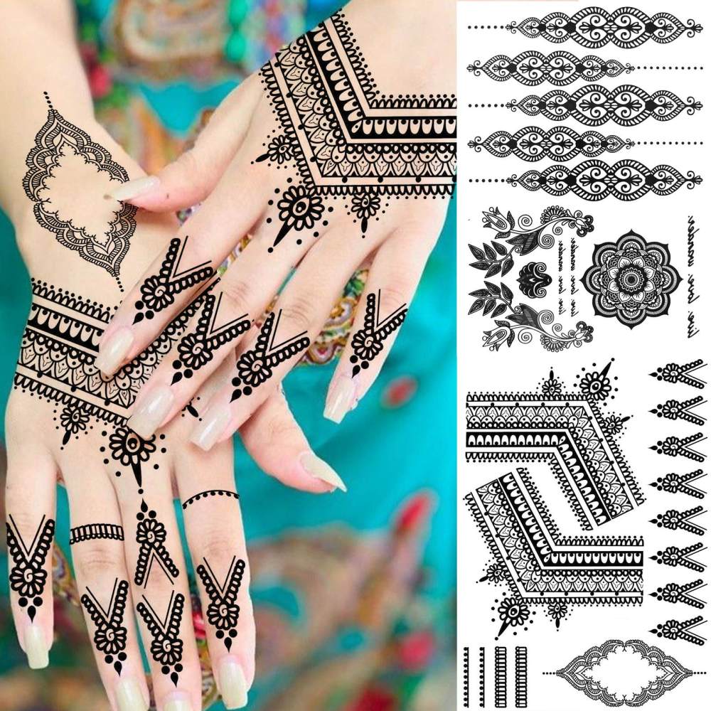 4 Sheets Henna Temporary Tattoos For Women Men Adults Hands Finger Foot Neck Clavicle Legs Forearm Shank Arm Body Art Makeup, Semi Permanent Temp Fake Tattoo Stickers Waterproof Long Lasting Realistic Tatoos For Festival Party Accessory