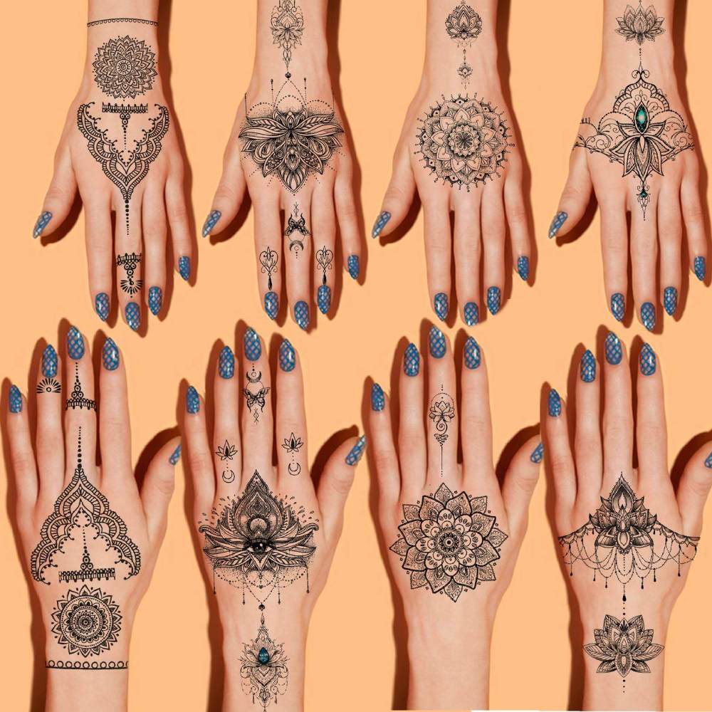 4 Sheets Henna Temporary Tattoos For Women Men Adults Hands Finger Foot Neck Clavicle Legs Forearm Shank Arm Body Art Makeup, Semi Permanent Temp Fake Tattoo Stickers Waterproof Long Lasting Realistic Tatoos For Festival Party Accessory