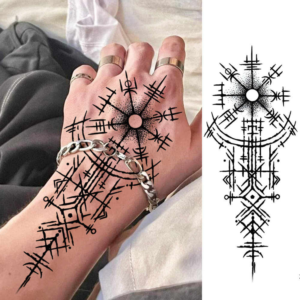 1 Sheet Compass Totem Temporary Tattoos For Women Men Adults Hands Finger Foot Neck Clavicle Legs Forearm Shank Arm Body Art Makeup, Semi Permanent Temp Fake Tattoo Stickers Waterproof Long Lasting Realistic Tatoos For Festival Party Accessory