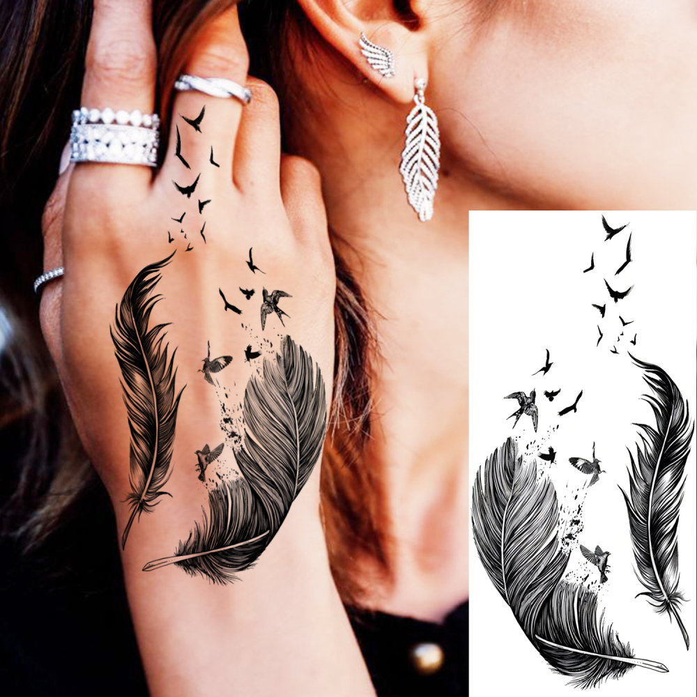 1 Sheet Feather Temporary Tattoos For Women Men Adults Hands Finger Foot Neck Clavicle Legs Forearm Shank Arm Body Art Makeup, Semi Permanent Temp Fake Tattoo Stickers Waterproof Long Lasting Realistic Tatoos For Festival Party Accessory