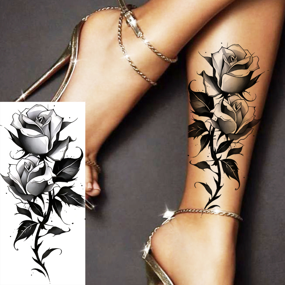 1 Sheet Rose Flower Temporary Tattoos For Women Men Adults Hands Finger Foot Neck Clavicle Legs Forearm Shank Arm Body Art Makeup, Semi Permanent Temp Fake Tattoo Stickers Waterproof Long Lasting Realistic Tatoos For Festival Party Accessory