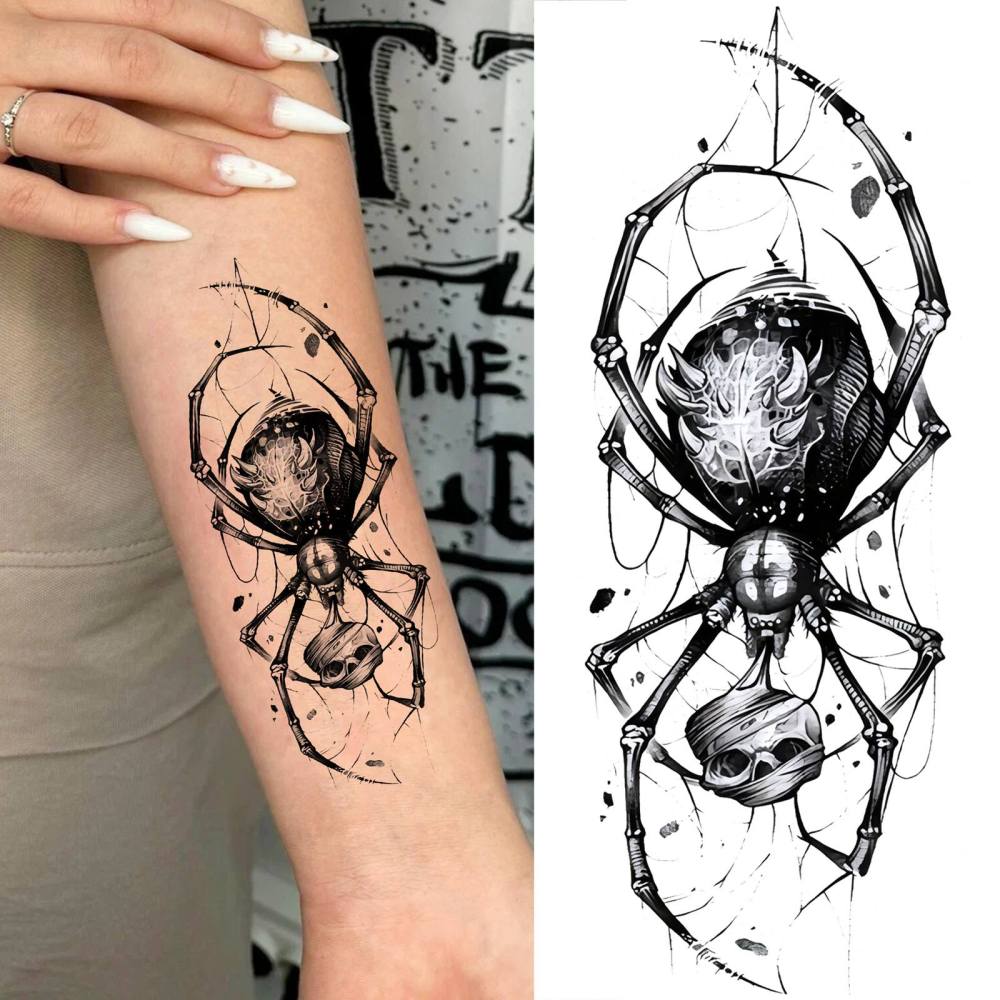 1 Sheet Spider Halloween Temporary Tattoos For Women Men Adults Hands Finger Foot Neck Clavicle Legs Forearm Shank Arm Body Art Makeup, Semi Permanent Temp Fake Tattoo Stickers Waterproof Long Lasting Realistic Tatoos For Festival Party Accessory