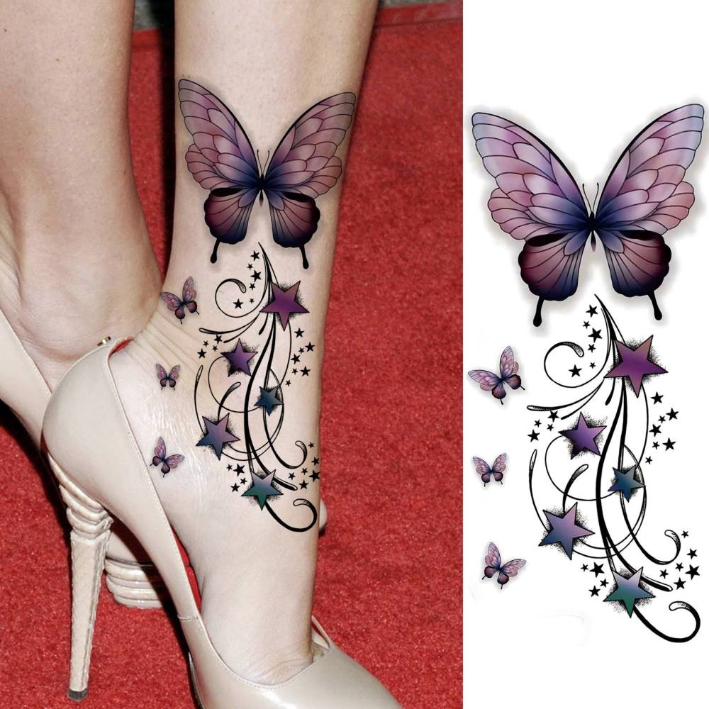 1 Sheet butterfly Flowers Temporary Tattoos For Women Men Adults Hands Finger Foot Neck Clavicle Legs Forearm Shank Arm Body Art Makeup, Semi Permanent Temp Fake Tattoo Stickers Waterproof Long Lasting Realistic Tatoos For Festival Party Accessory