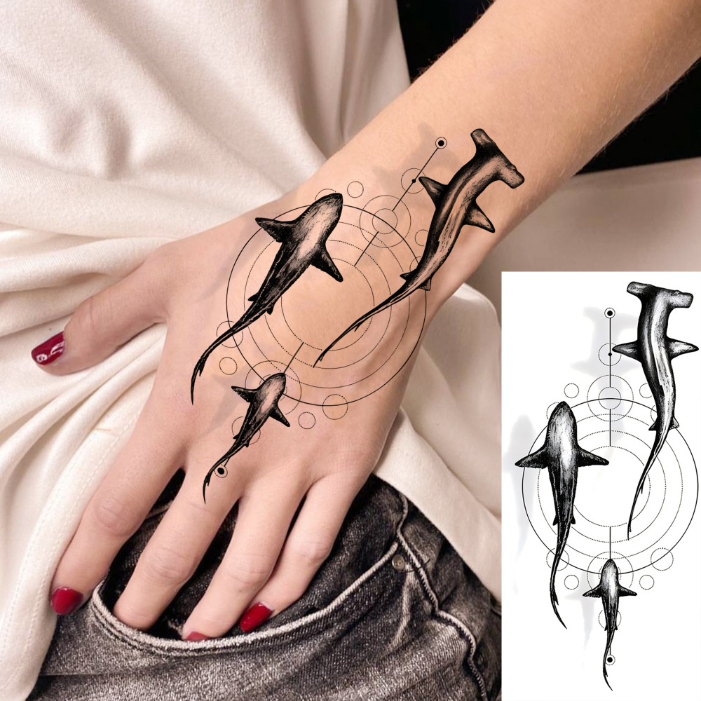 1 Sheet Shark Temporary Tattoos For Women Men Adults Hands Finger Foot Neck Clavicle Legs Forearm Shank Arm Body Art Makeup, Semi Permanent Temp Fake Tattoo Stickers Waterproof Long Lasting Realistic Tatoos For Festival Party Accessory
