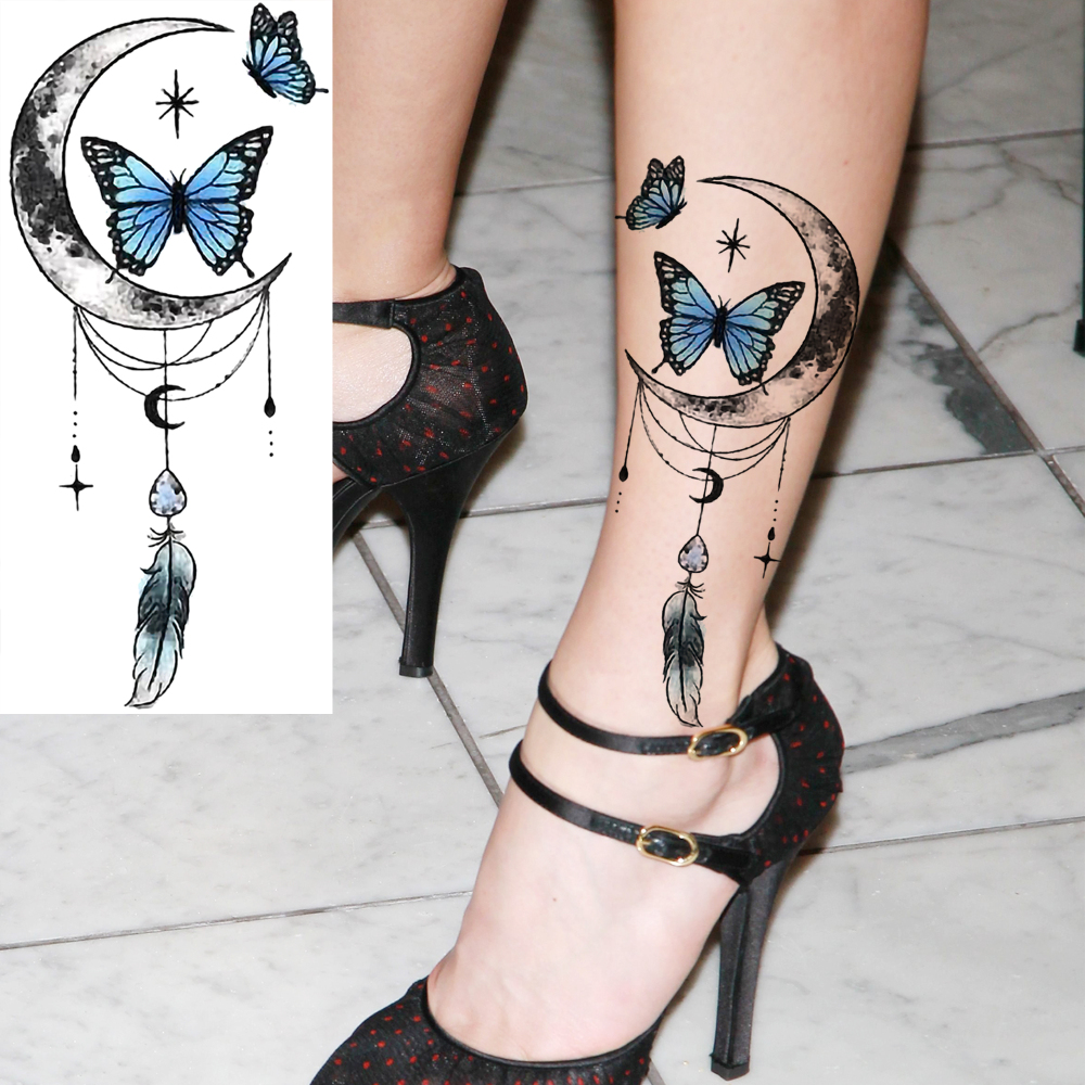 1 Sheet Dreamcather Butterfly MoonTemporary Tattoos For Women Men Adults Hands Finger Foot Neck Clavicle Legs Forearm Shank Arm Body Art Makeup, Semi Permanent Temp Fake Tattoo Stickers Waterproof Long Lasting Realistic Tatoos For Festival Party Accessory