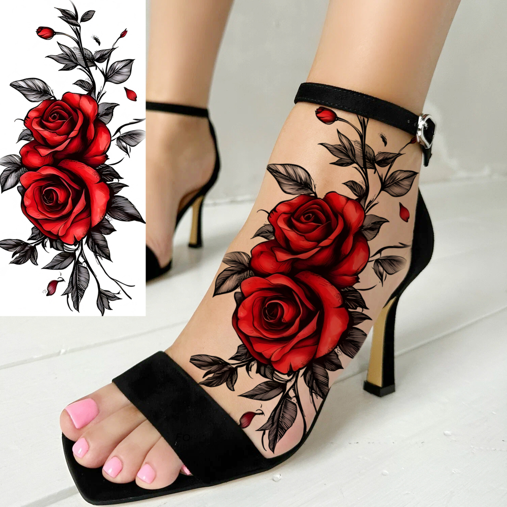 1 Sheet Rose Flower Temporary Tattoos For Women Men Adults Hands Finger Foot Neck Clavicle Legs Forearm Shank Arm Body Art Makeup, Semi Permanent Temp Fake Tattoo Stickers Waterproof Long Lasting Realistic Tatoos For Festival Party Accessory