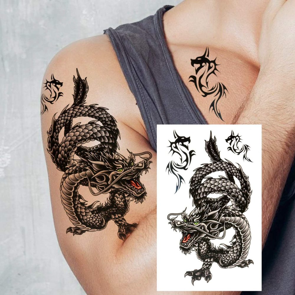 6 Sheets Dragon Temporary Tattoos For Women Men Adults Hands Finger Foot Neck Clavicle Shank Arm Body Art Makeup, Semi Permanent Temp Fake Tattoo Stickers Waterproof Long Lasting Realistic Tatoos For Festival Party Accessory