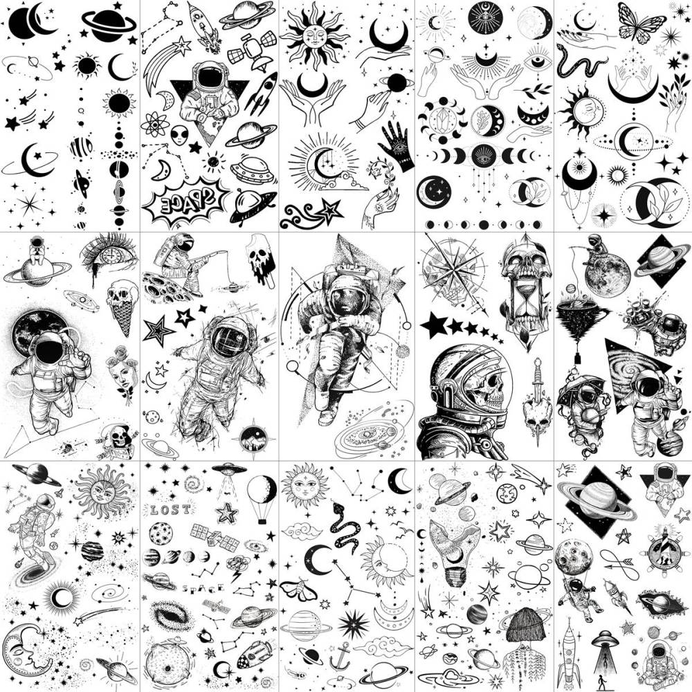 15 Sheets Space Astronaut Temporary Tattoos For Kids Women Men Adults Hands Finger Foot Neck Clavicle Shank Arm Body Art Makeup, Semi Permanent Temp Fake Tattoo Stickers Waterproof Long Lasting Realistic Tatoos For Festival Party Accessory