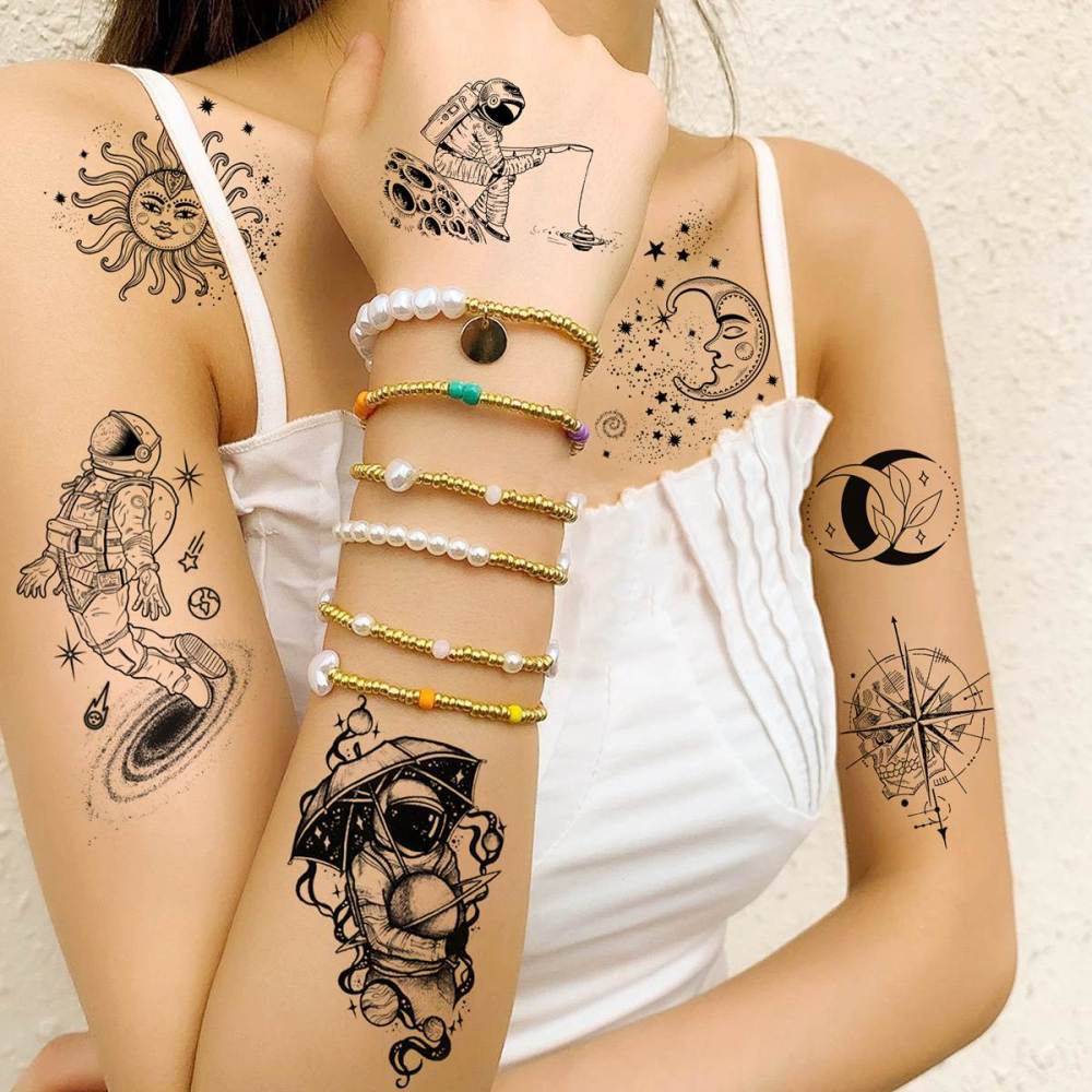 15 Sheets Space Astronaut Temporary Tattoos For Kids Women Men Adults Hands Finger Foot Neck Clavicle Shank Arm Body Art Makeup, Semi Permanent Temp Fake Tattoo Stickers Waterproof Long Lasting Realistic Tatoos For Festival Party Accessory