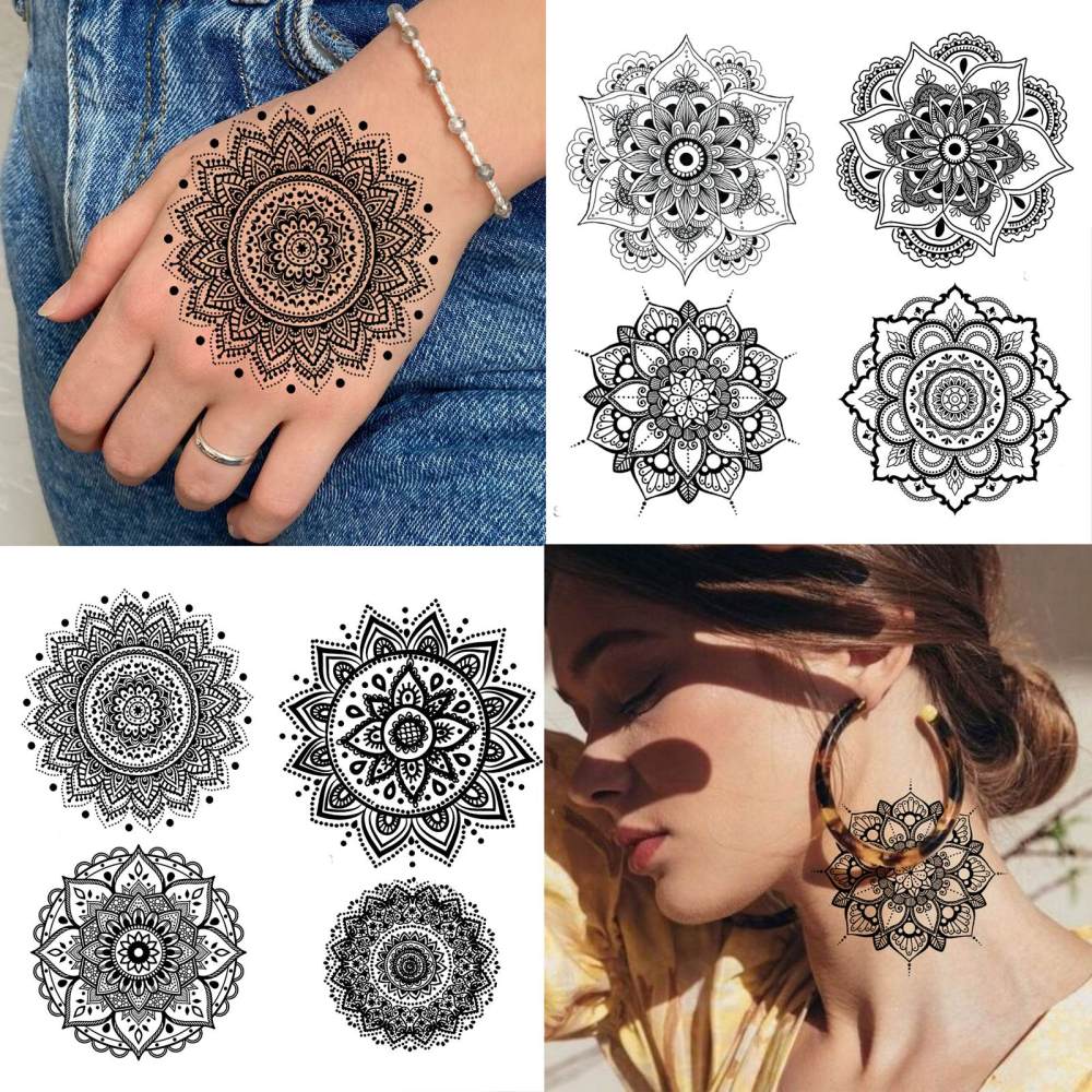 8 Sheets Henna Mandala Temporary Tattoos For Women Men Adults Hands Finger Foot Neck Clavicle Legs Thigh Forearm Shank Arm Body Art Makeup, Semi Permanent Temp Fake Tattoo Stickers Waterproof Long Lasting Realistic Tatoos For Festival Party Accessory