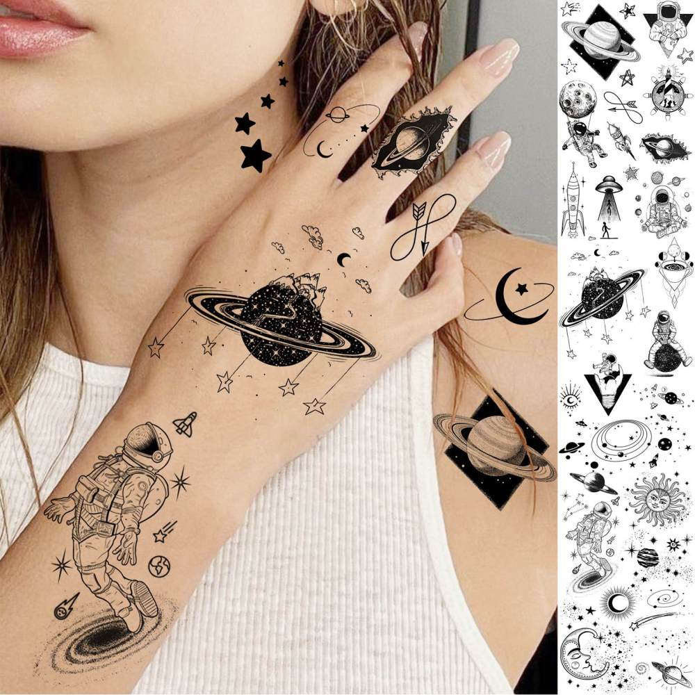 15 Sheets Outer Space Moon Temporary Tattoos For Women Men Adults Hands Finger Foot Neck Clavicle Legs Thigh Forearm Shank Arm Body Art Makeup, Semi Permanent Temp Fake Tattoo Stickers Waterproof Long Lasting Realistic Tatoos For Festival Party Accessory