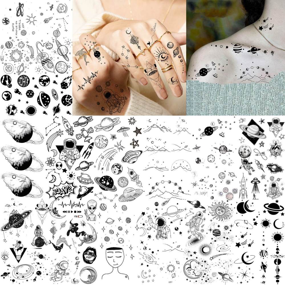 15 Sheets Outer Space Moon Temporary Tattoos For Women Men Adults Hands Finger Foot Neck Clavicle Legs Thigh Forearm Shank Arm Body Art Makeup, Semi Permanent Temp Fake Tattoo Stickers Waterproof Long Lasting Realistic Tatoos For Festival Party Accessory