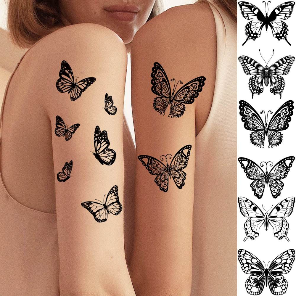 15 Sheets Butterfly Temporary Tattoos For Women Men Adults Hands Finger Foot Neck Clavicle Legs Thigh Forearm Shank Arm Body Art Makeup, Semi Permanent Temp Fake Tattoo Stickers Waterproof Long Lasting Realistic Tatoos For Festival Party Accessory