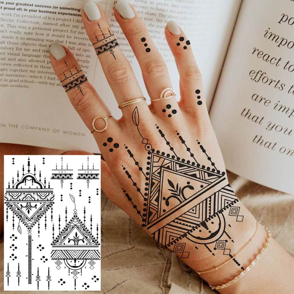 4 Sheets Henna Temporary Tattoos For Women Men Adults Hands Finger Foot Neck Clavicle Legs Forearm Shank Arm Body Art Makeup, Semi Permanent Temp Fake Tattoo Stickers Waterproof Long Lasting Realistic Tatoos For Festival Party Accessory