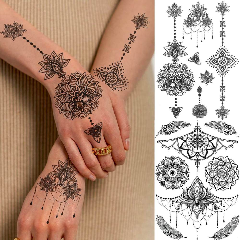 4 Sheets Henna Temporary Tattoos For Women Men Adults Hands Finger Foot Neck Clavicle Legs Forearm Shank Arm Body Art Makeup, Semi Permanent Temp Fake Tattoo Stickers Waterproof Long Lasting Realistic Tatoos For Festival Party Accessory