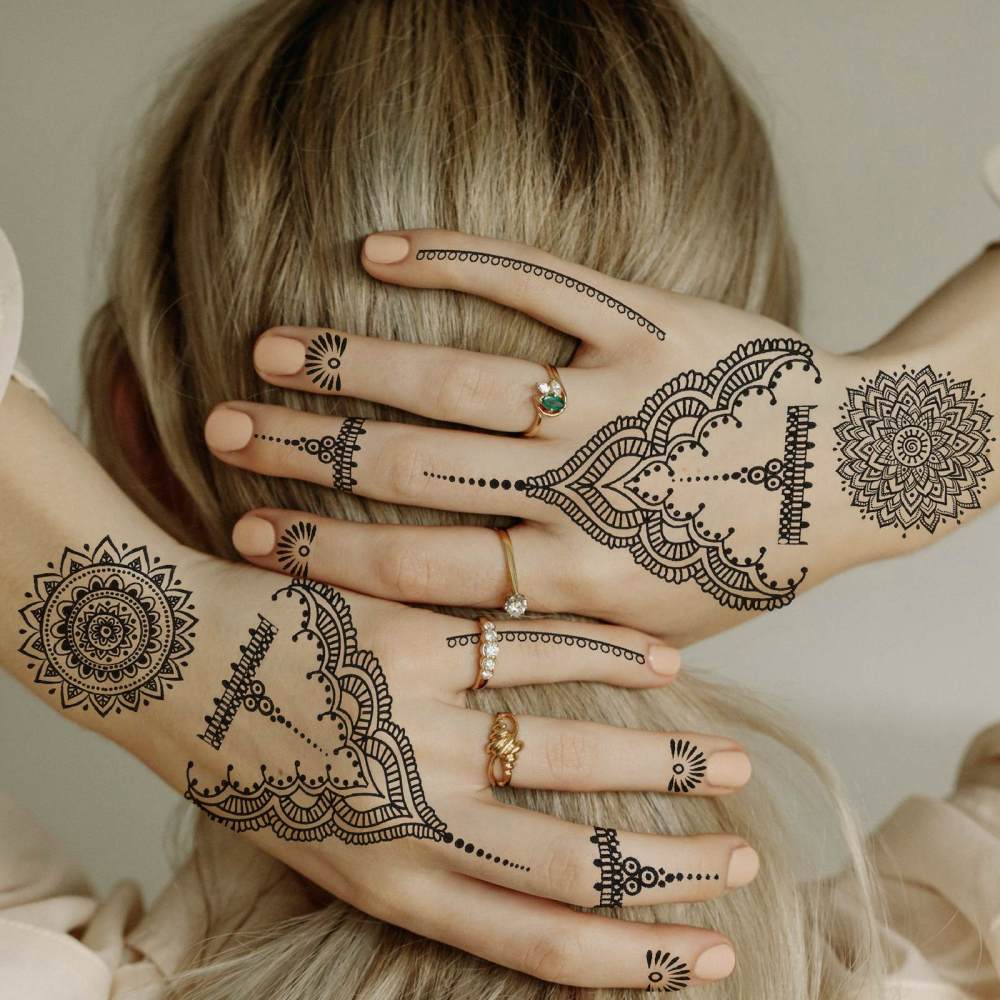 4 Sheets Henna Temporary Tattoos For Women Men Adults Hands Finger Foot Neck Clavicle Legs Forearm Shank Arm Body Art Makeup, Semi Permanent Temp Fake Tattoo Stickers Waterproof Long Lasting Realistic Tatoos For Festival Party Accessory