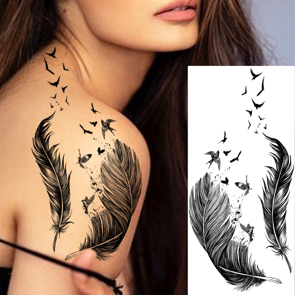 1 Sheet Feather Temporary Tattoos For Women Men Adults Hands Finger Foot Neck Clavicle Legs Forearm Shank Arm Body Art Makeup, Semi Permanent Temp Fake Tattoo Stickers Waterproof Long Lasting Realistic Tatoos For Festival Party Accessory