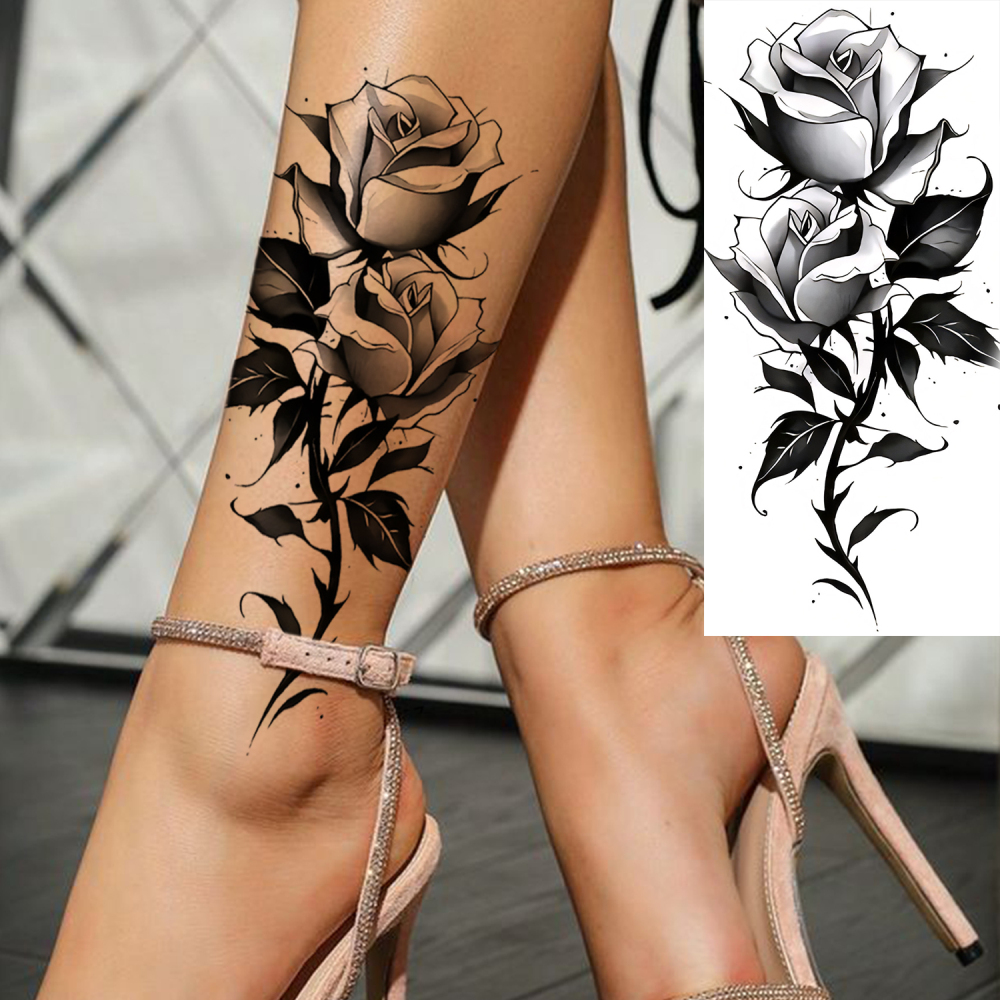 1 Sheet Rose Flower Temporary Tattoos For Women Men Adults Hands Finger Foot Neck Clavicle Legs Forearm Shank Arm Body Art Makeup, Semi Permanent Temp Fake Tattoo Stickers Waterproof Long Lasting Realistic Tatoos For Festival Party Accessory