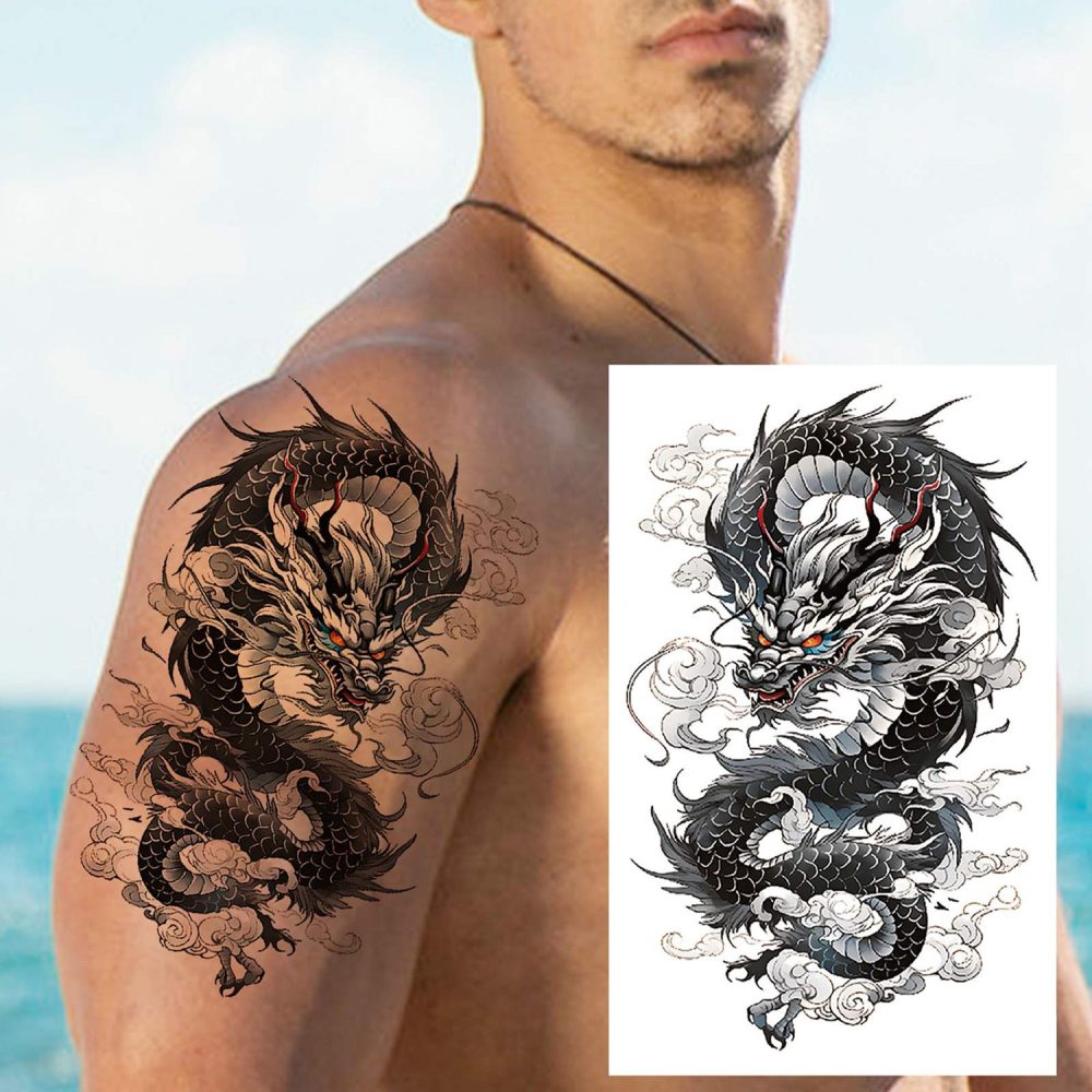 6 Sheets Dragon Temporary Tattoos For Women Men Adults Hands Finger Foot Neck Clavicle Shank Arm Body Art Makeup, Semi Permanent Temp Fake Tattoo Stickers Waterproof Long Lasting Realistic Tatoos For Festival Party Accessory