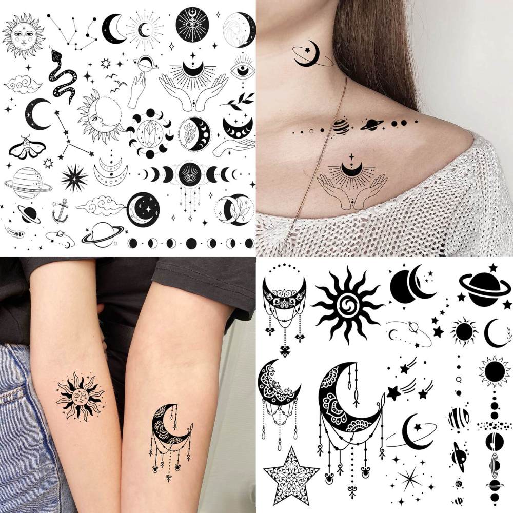 15 Sheets abstract Moon Temporary Tattoos For Women Men Adults Hands Finger Foot Neck Clavicle Legs Thigh Forearm Shank Arm Body Art Makeup, Semi Permanent Temp Fake Tattoo Stickers Waterproof Long Lasting Realistic Tatoos For Festival Party Accessory