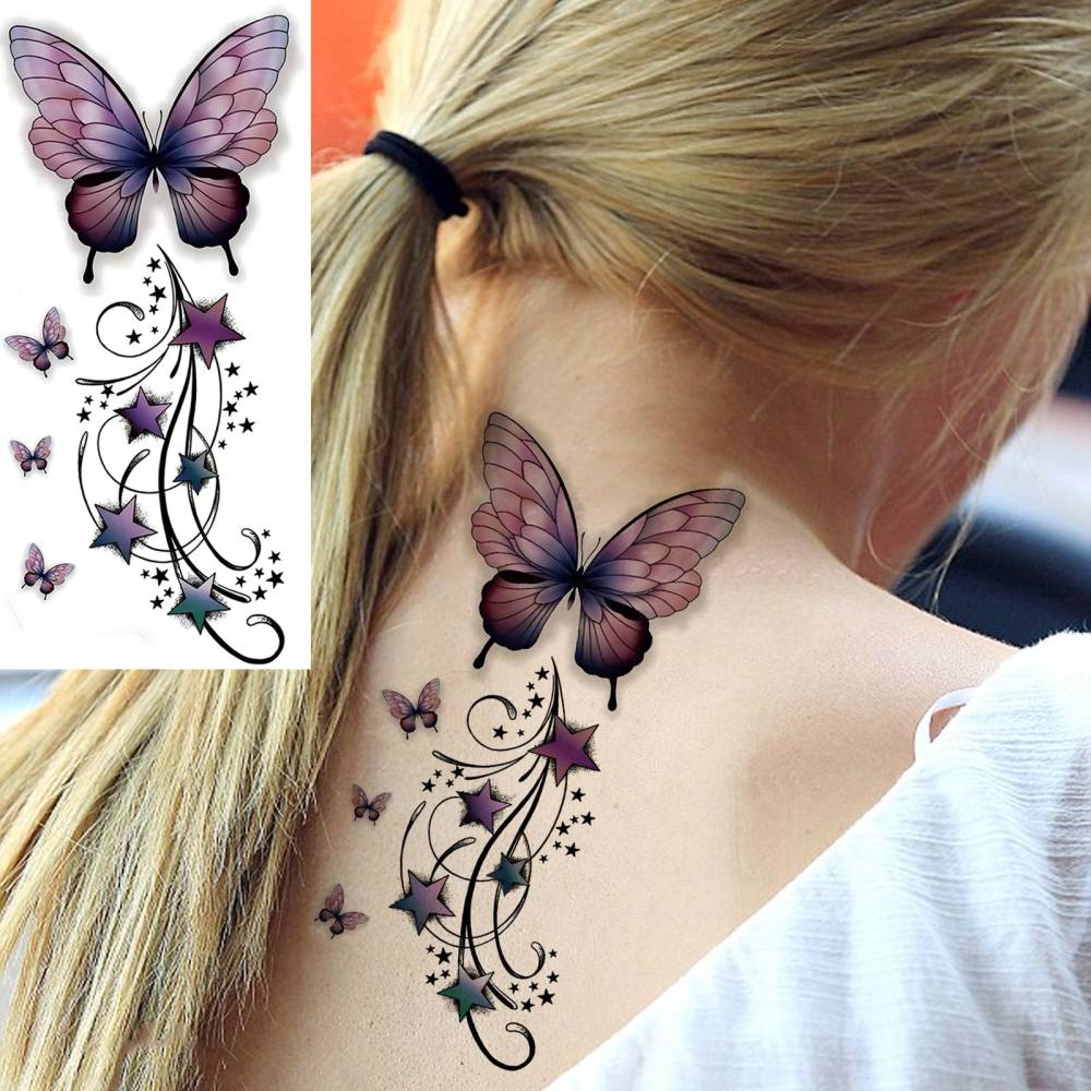 1 Sheet butterfly Flowers Temporary Tattoos For Women Men Adults Hands Finger Foot Neck Clavicle Legs Forearm Shank Arm Body Art Makeup, Semi Permanent Temp Fake Tattoo Stickers Waterproof Long Lasting Realistic Tatoos For Festival Party Accessory