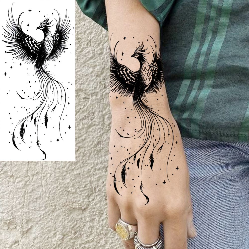 1 Sheet Phoenix Temporary Tattoos For Women Men Adults Hands Finger Foot Neck Clavicle Legs Forearm Shank Arm Body Art Makeup, Semi Permanent Temp Fake Tattoo Stickers Waterproof Long Lasting Realistic Tatoos For Festival Party Accessory