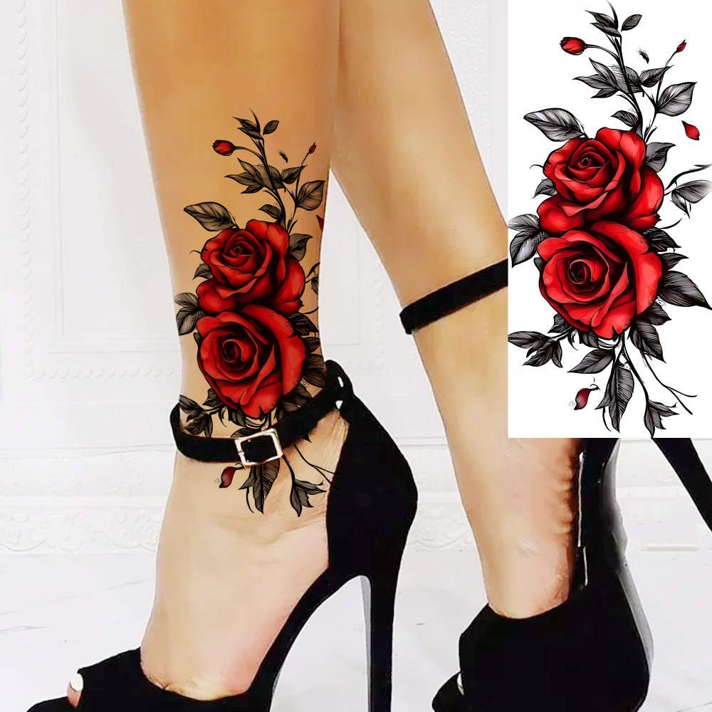 1 Sheet Rose Flower Temporary Tattoos For Women Men Adults Hands Finger Foot Neck Clavicle Legs Forearm Shank Arm Body Art Makeup, Semi Permanent Temp Fake Tattoo Stickers Waterproof Long Lasting Realistic Tatoos For Festival Party Accessory