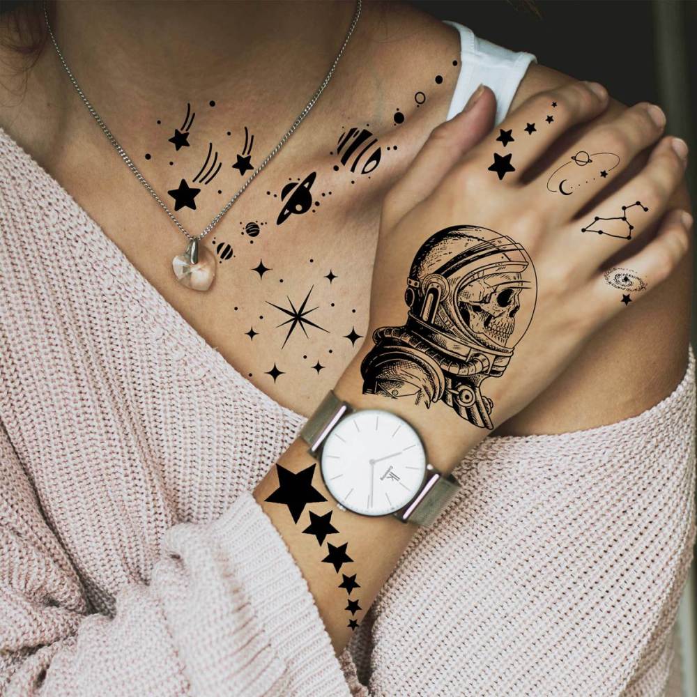 15 Sheets Space Astronaut Temporary Tattoos For Kids Women Men Adults Hands Finger Foot Neck Clavicle Shank Arm Body Art Makeup, Semi Permanent Temp Fake Tattoo Stickers Waterproof Long Lasting Realistic Tatoos For Festival Party Accessory