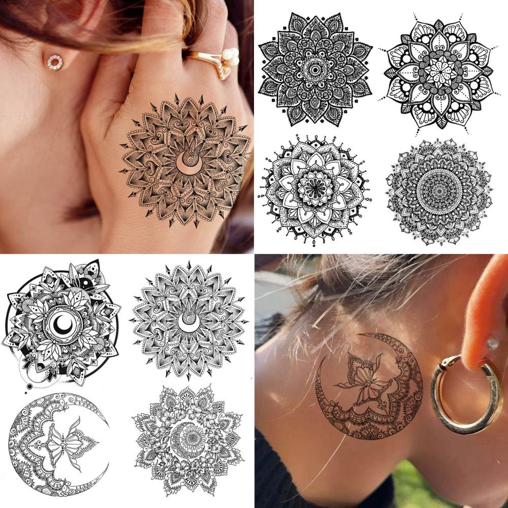 8 Sheets Henna Mandala Temporary Tattoos For Women Men Adults Hands Finger Foot Neck Clavicle Legs Thigh Forearm Shank Arm Body Art Makeup, Semi Permanent Temp Fake Tattoo Stickers Waterproof Long Lasting Realistic Tatoos For Festival Party Accessory