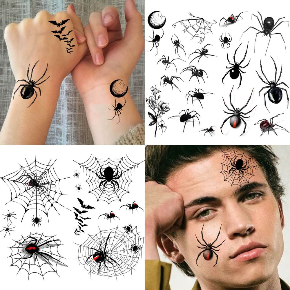 15 Sheets Spider Temporary Tattoos For Women Men Adults Hands Finger Foot Neck Clavicle Legs Thigh Forearm Shank Arm Body Art Makeup, Semi Permanent Temp Fake Tattoo Stickers Waterproof Long Lasting Realistic Tatoos For Festival Party Accessory