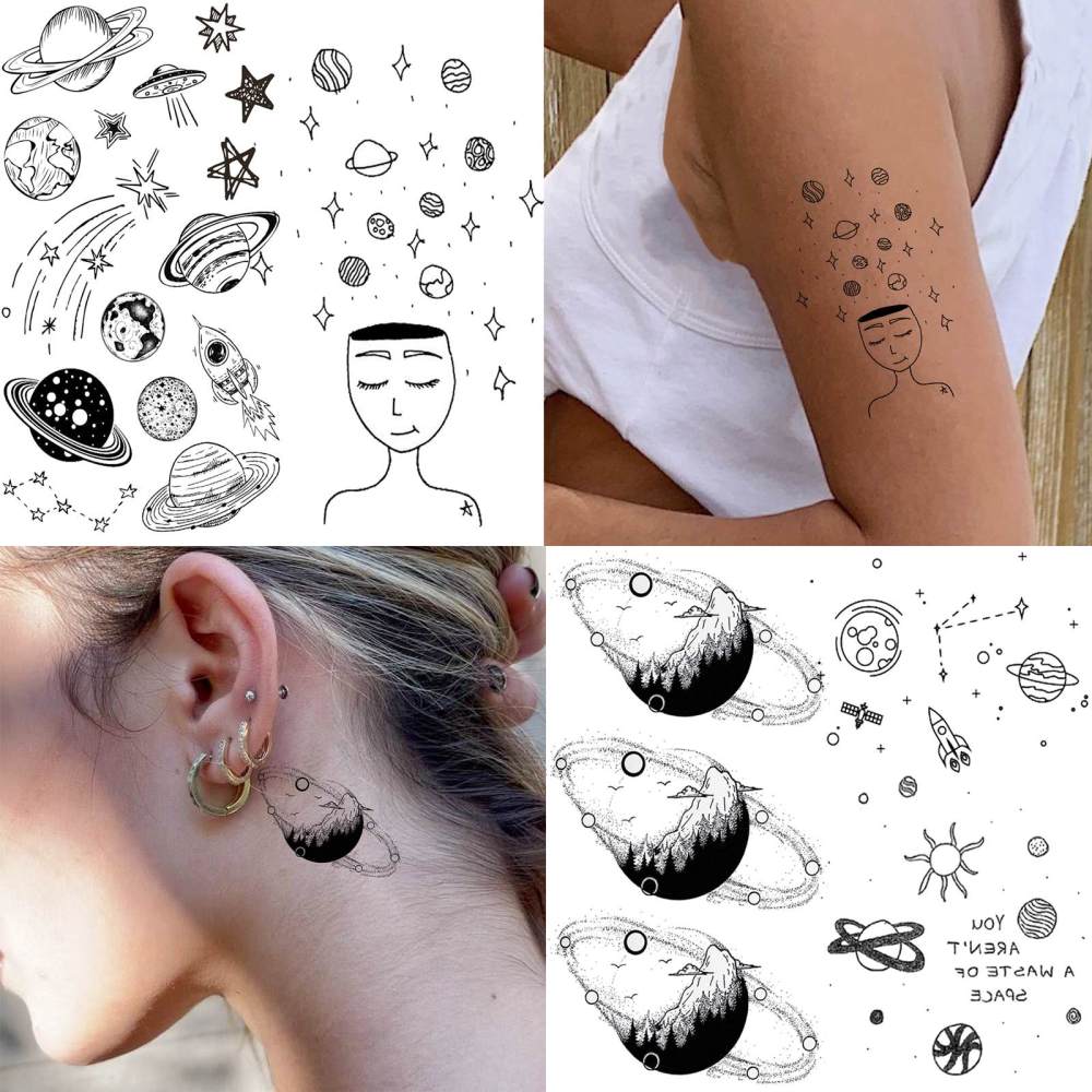15 Sheets Outer Space Moon Temporary Tattoos For Women Men Adults Hands Finger Foot Neck Clavicle Legs Thigh Forearm Shank Arm Body Art Makeup, Semi Permanent Temp Fake Tattoo Stickers Waterproof Long Lasting Realistic Tatoos For Festival Party Accessory