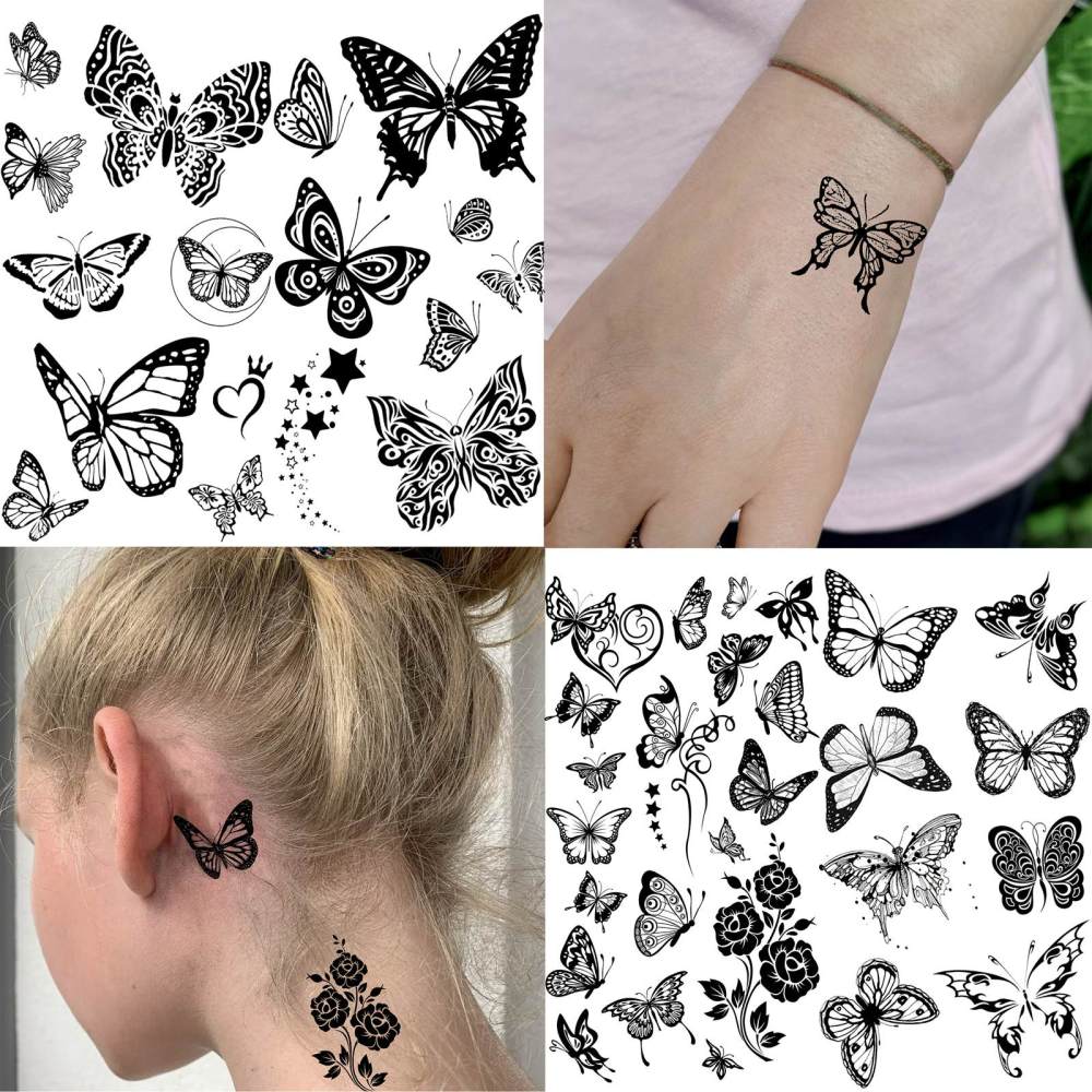 15 Sheets Butterfly Temporary Tattoos For Women Men Adults Hands Finger Foot Neck Clavicle Legs Thigh Forearm Shank Arm Body Art Makeup, Semi Permanent Temp Fake Tattoo Stickers Waterproof Long Lasting Realistic Tatoos For Festival Party Accessory