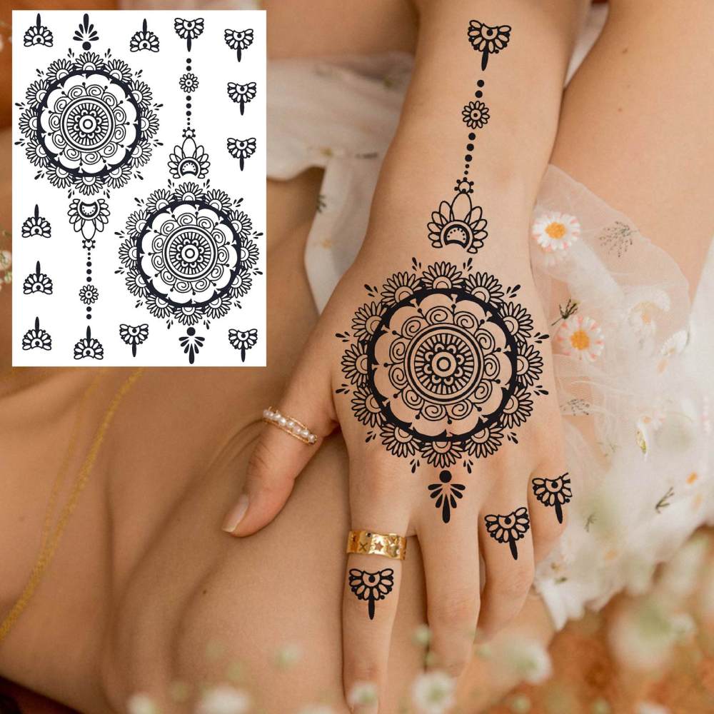 4 Sheets Henna Temporary Tattoos For Women Men Adults Hands Finger Foot Neck Clavicle Legs Forearm Shank Arm Body Art Makeup, Semi Permanent Temp Fake Tattoo Stickers Waterproof Long Lasting Realistic Tatoos For Festival Party Accessory