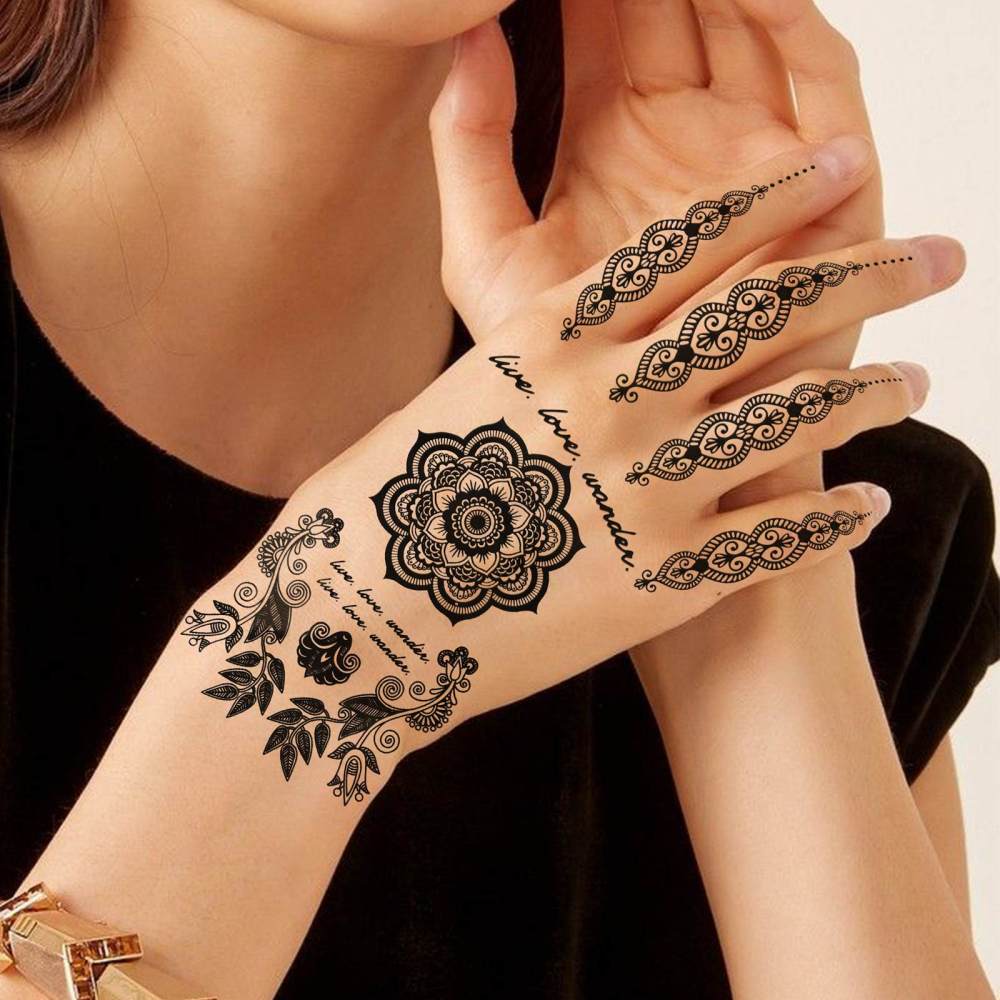 4 Sheets Henna Temporary Tattoos For Women Men Adults Hands Finger Foot Neck Clavicle Legs Forearm Shank Arm Body Art Makeup, Semi Permanent Temp Fake Tattoo Stickers Waterproof Long Lasting Realistic Tatoos For Festival Party Accessory