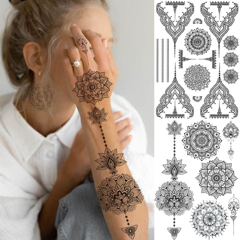 4 Sheets Henna Temporary Tattoos For Women Men Adults Hands Finger Foot Neck Clavicle Legs Forearm Shank Arm Body Art Makeup, Semi Permanent Temp Fake Tattoo Stickers Waterproof Long Lasting Realistic Tatoos For Festival Party Accessory