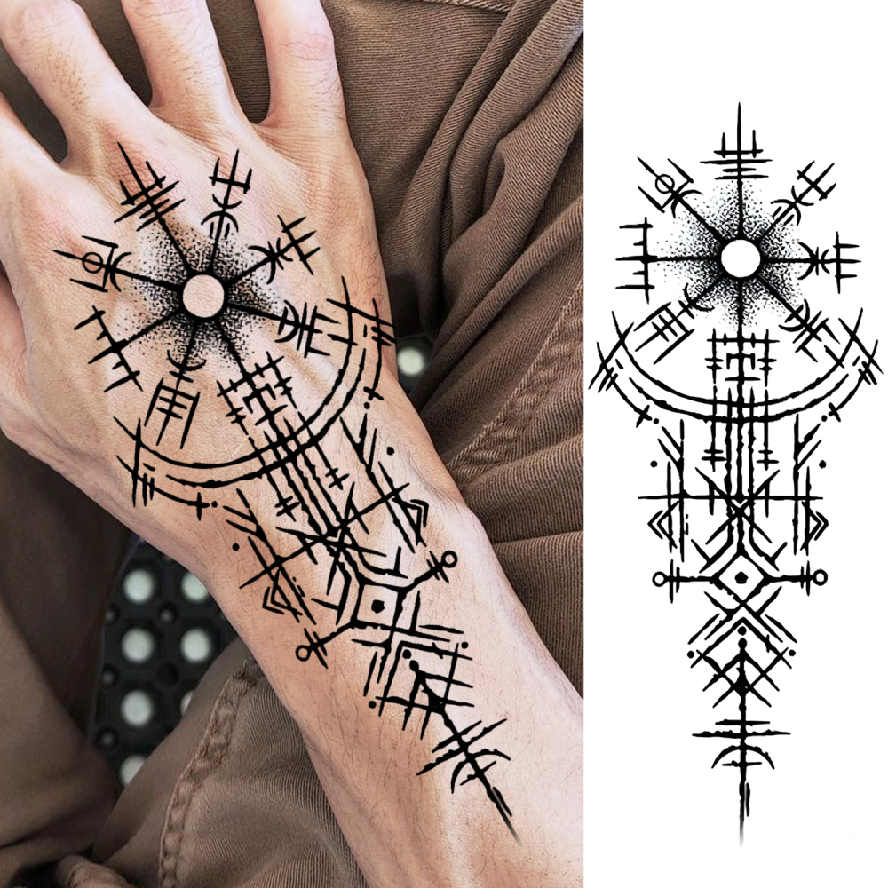 1 Sheet Compass Totem Temporary Tattoos For Women Men Adults Hands Finger Foot Neck Clavicle Legs Forearm Shank Arm Body Art Makeup, Semi Permanent Temp Fake Tattoo Stickers Waterproof Long Lasting Realistic Tatoos For Festival Party Accessory