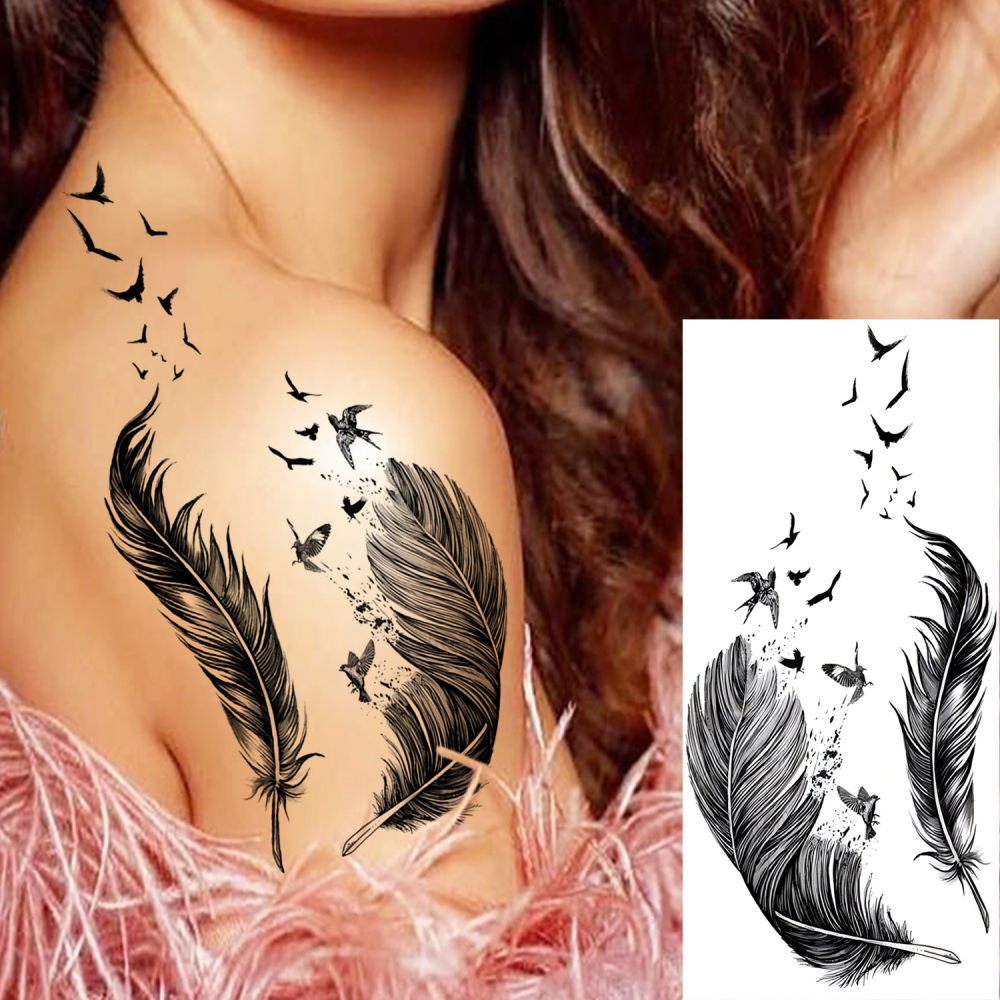 1 Sheet Feather Temporary Tattoos For Women Men Adults Hands Finger Foot Neck Clavicle Legs Forearm Shank Arm Body Art Makeup, Semi Permanent Temp Fake Tattoo Stickers Waterproof Long Lasting Realistic Tatoos For Festival Party Accessory
