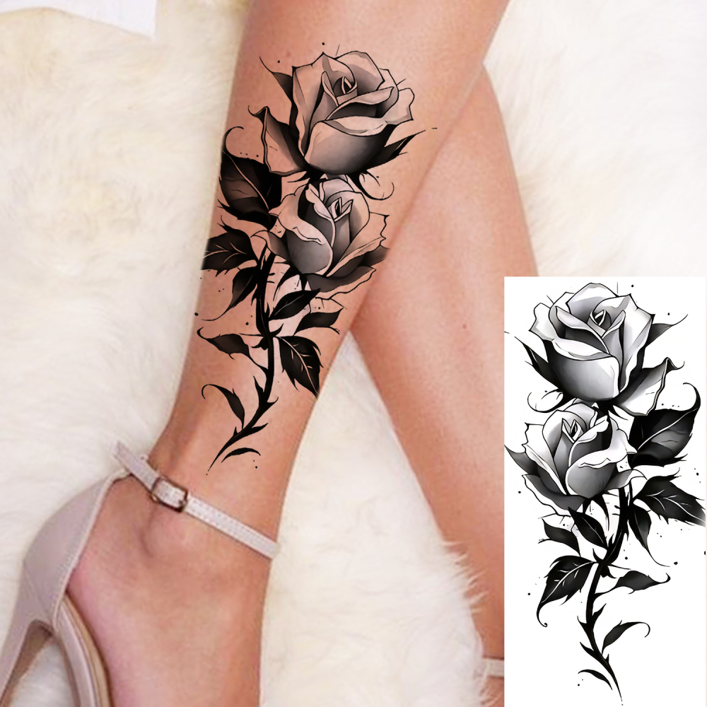 1 Sheet Rose Flower Temporary Tattoos For Women Men Adults Hands Finger Foot Neck Clavicle Legs Forearm Shank Arm Body Art Makeup, Semi Permanent Temp Fake Tattoo Stickers Waterproof Long Lasting Realistic Tatoos For Festival Party Accessory