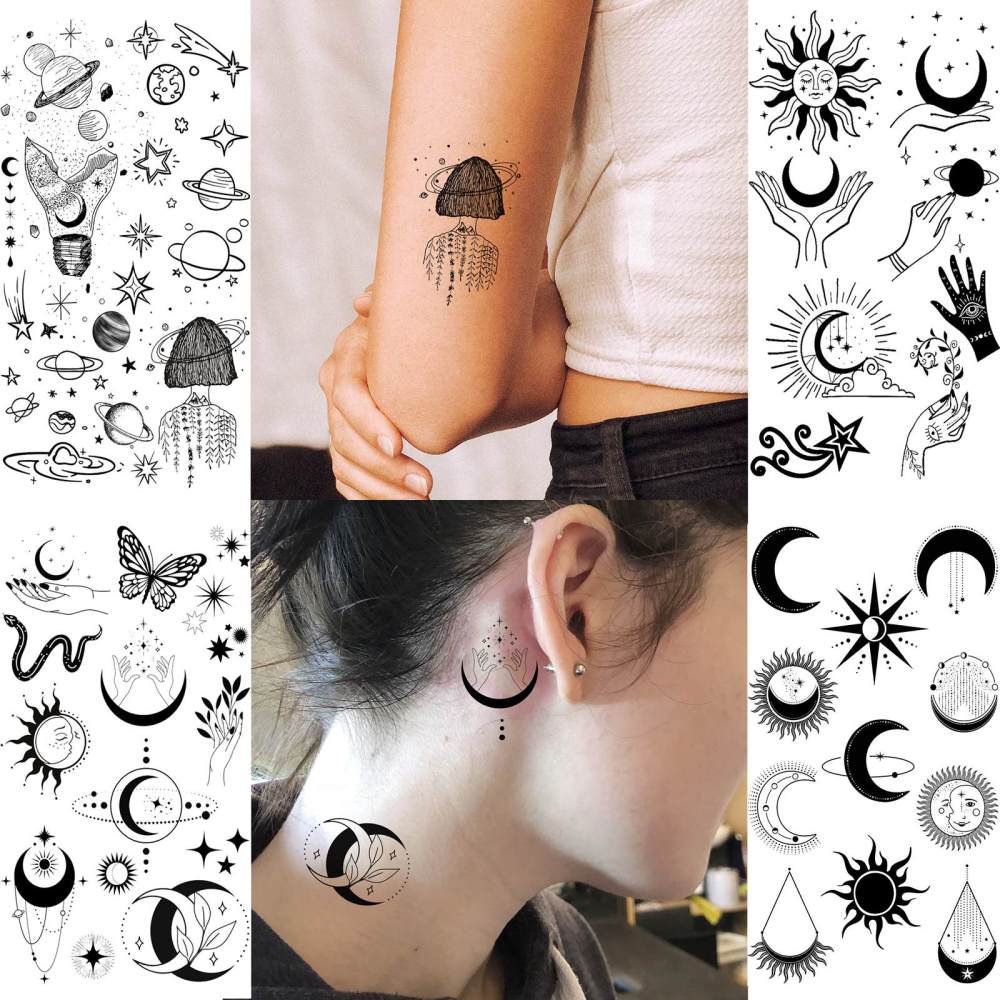 15 Sheets abstract Moon Temporary Tattoos For Women Men Adults Hands Finger Foot Neck Clavicle Legs Thigh Forearm Shank Arm Body Art Makeup, Semi Permanent Temp Fake Tattoo Stickers Waterproof Long Lasting Realistic Tatoos For Festival Party Accessory