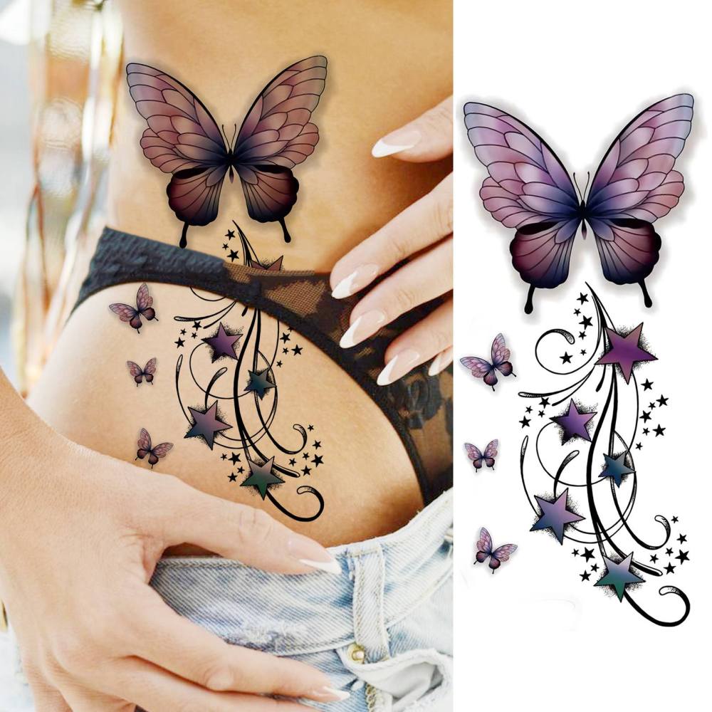 1 Sheet butterfly Flowers Temporary Tattoos For Women Men Adults Hands Finger Foot Neck Clavicle Legs Forearm Shank Arm Body Art Makeup, Semi Permanent Temp Fake Tattoo Stickers Waterproof Long Lasting Realistic Tatoos For Festival Party Accessory