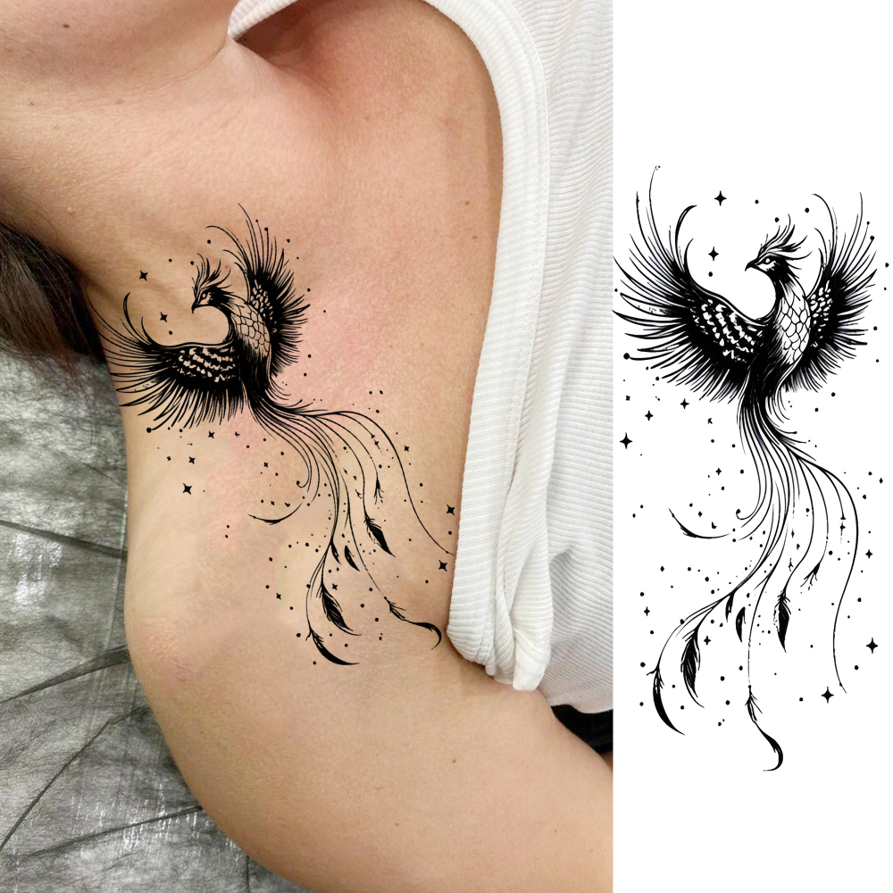 1 Sheet Phoenix Temporary Tattoos For Women Men Adults Hands Finger Foot Neck Clavicle Legs Forearm Shank Arm Body Art Makeup, Semi Permanent Temp Fake Tattoo Stickers Waterproof Long Lasting Realistic Tatoos For Festival Party Accessory